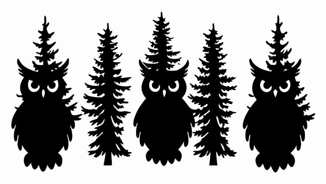 Silhouette of owls interspersed among pine trees creating a forest scene in black and white design | editable eps vectors
