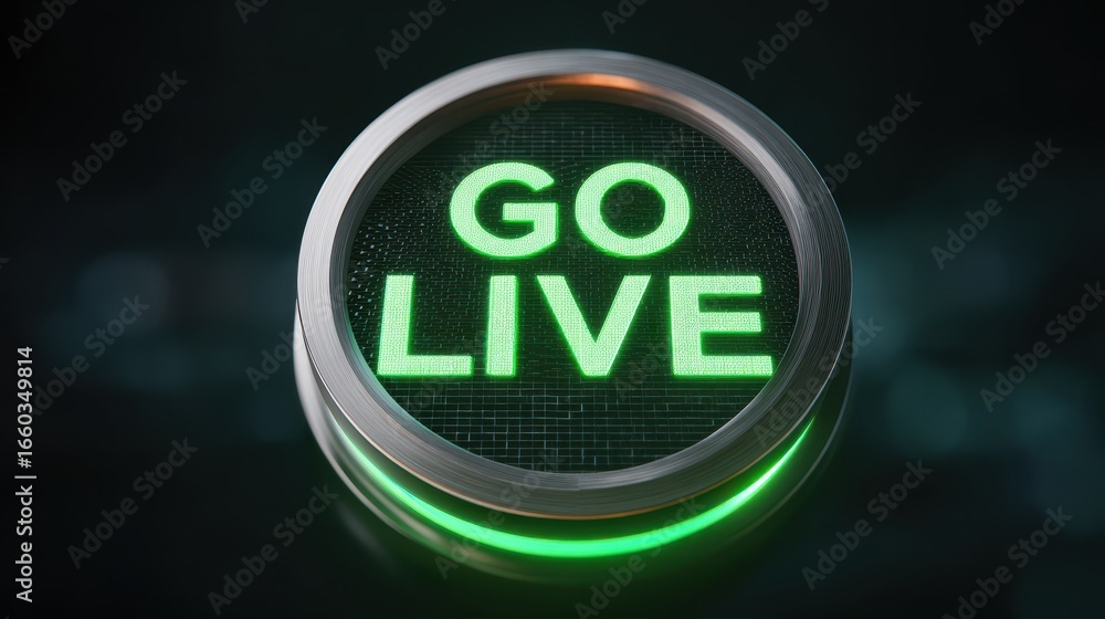 Poster glowing green go live button with metallic frame, symbolizing activation or starting live broadcast.