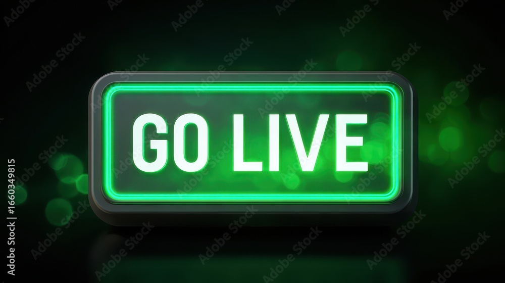 Poster glowing green go live button with illuminated text, symbolizing live streaming or broadcasting, set 