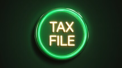 Obraz premium Glowing green button with text TAX FILE illuminated in neon style, set against dark background, symbolizing financial or tax related processes