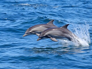 Fototapeta premium Two dolphins gracefully jumping from the ocean surface