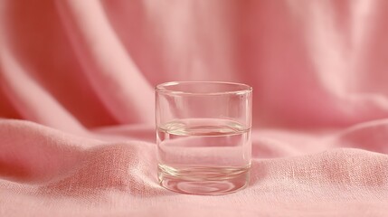 Clear glass half full on pastel pink linen with blur
