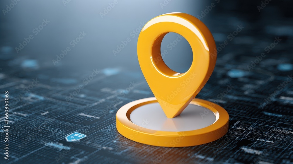 Poster 3d rendered orange location pin icon placed on circular base, set against futuristic digital map bac
