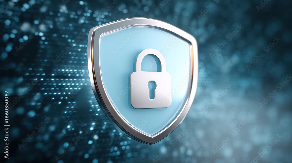 Poster shield with lock icon symbolizes cybersecurity and data protection, set against digital background w