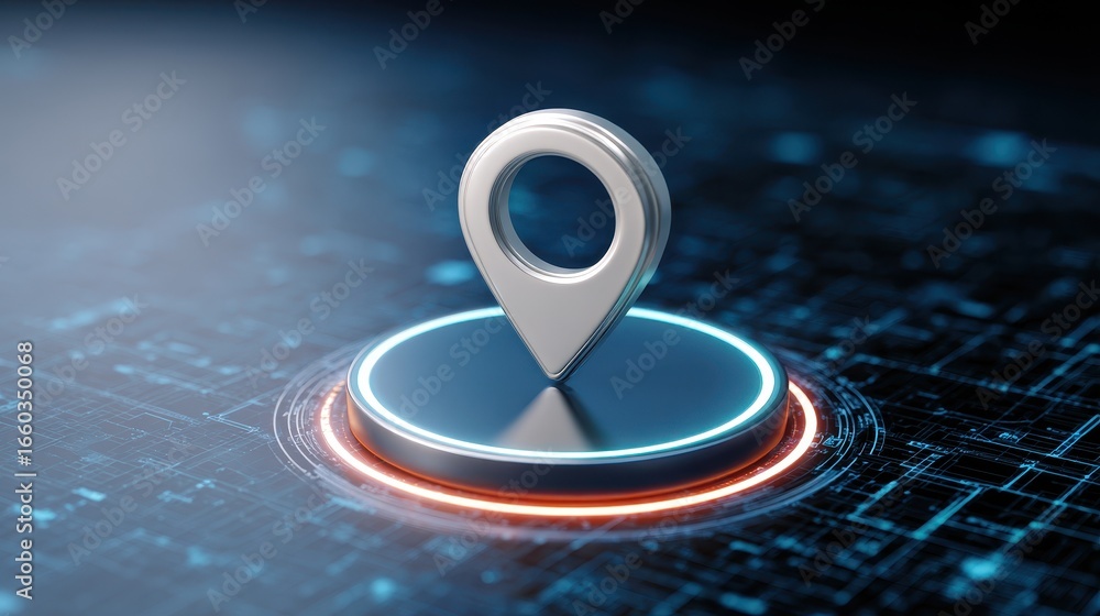 Poster futuristic 3d location pin icon glowing on circular platform, surrounded by digital grid background.