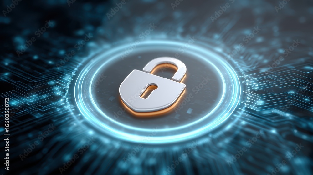 Poster glowing lock icon surrounded by circular digital interface, symbolizing cybersecurity and data prote