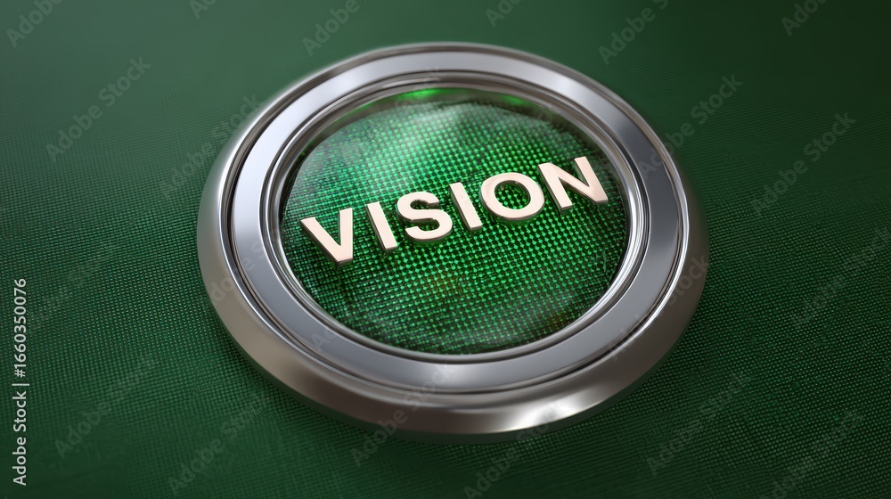 Poster metallic button with word vision on green textured background, featuring futuristic and illuminated 