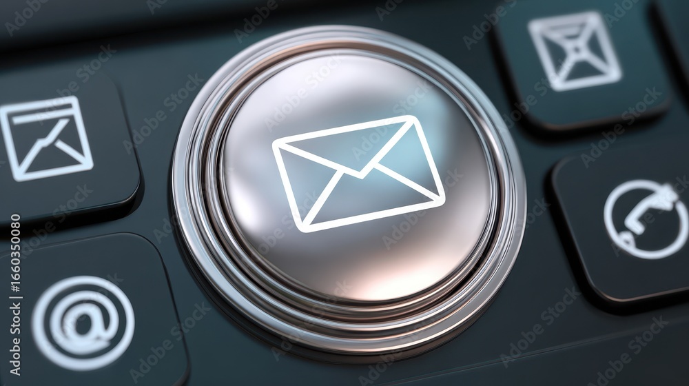 Poster metallic button with envelope icon on keyboard, symbolizing email communication and technology. glos