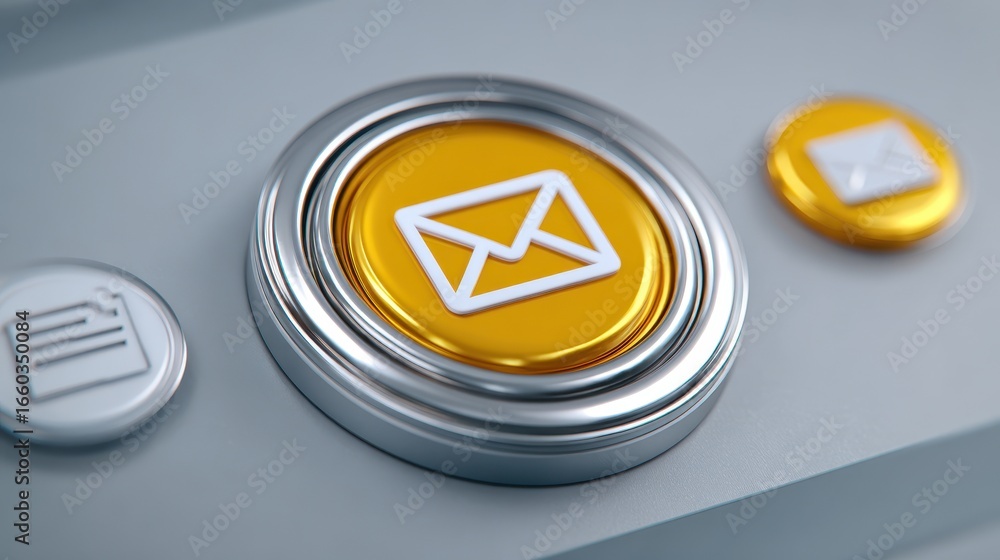 Poster metallic silver button with yellow envelope icon, symbolizing email or messaging, is prominently dis