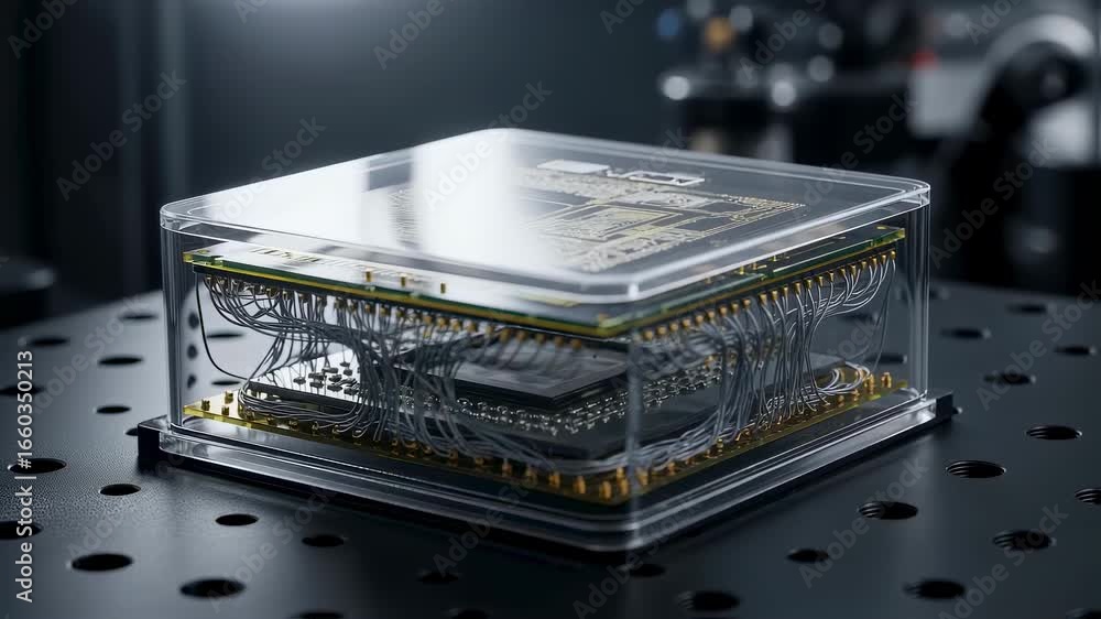 Poster side angle of a packaged quantum qubit chip with visible wire bonds and circuit layers resting on a 