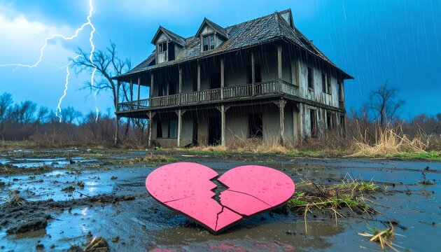 A broken heart rests on the ground in front of an abandoned house during a stormy day, evoking a sense of loss and desolation.