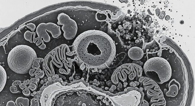 Detailed electron micrograph of a biological cell undergoing lysis, showcasing the intricate structure of its organelles and membrane rupture