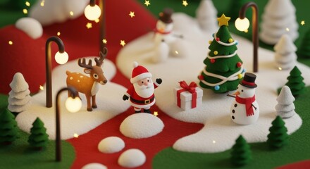 Festive winter scene with santa, reindeer, and snowman in a holiday wonderland