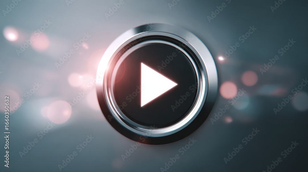 Poster shiny black button with glowing white play icon, surrounded by metallic silver ring and soft bokeh l