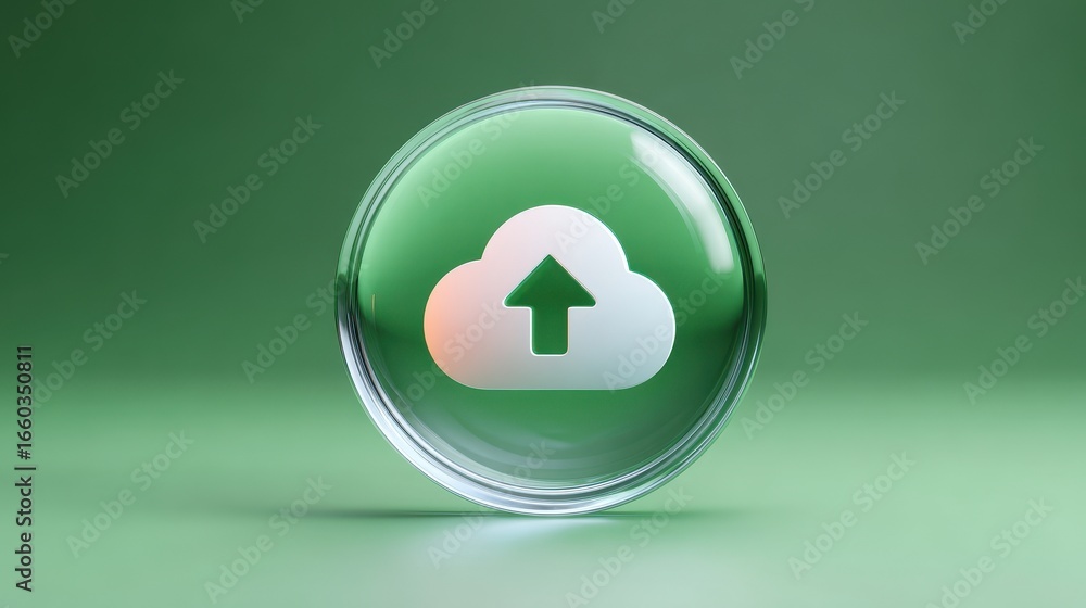 Aufkleber transparent button with cloud upload icon is displayed against green background, symbolizing data tr