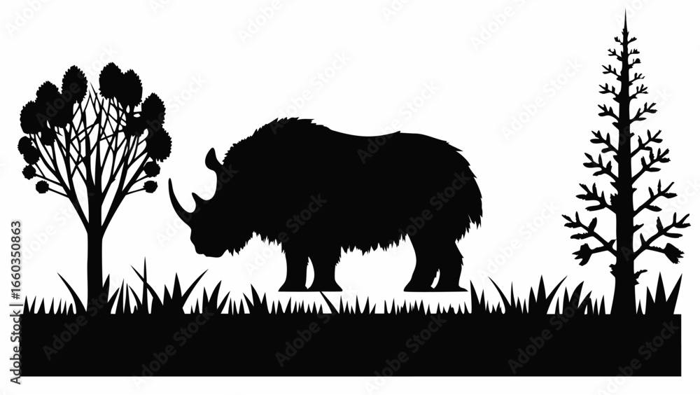 Poster silhouette of a rhinoceros standing in a field with trees on either side in black and white design |