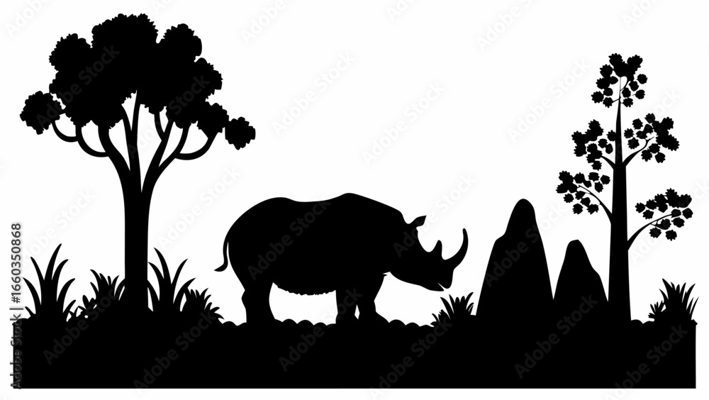 Poster silhouette of a rhino standing in a landscape with trees and hills in black and white simple design 