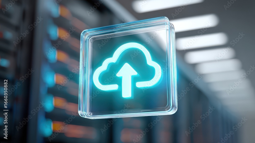Poster glowing transparent glass style button with cloud upload icon is displayed in futuristic server room