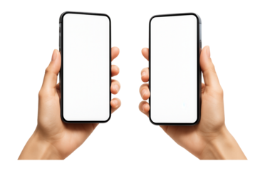Hands holding smartphones with blank white screens.