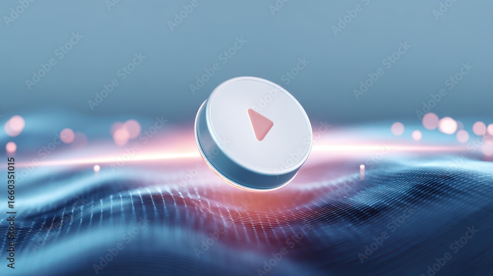 Aufkleber futuristic play button icon hovering above glowing, abstract wave pattern, symbolizing technology an