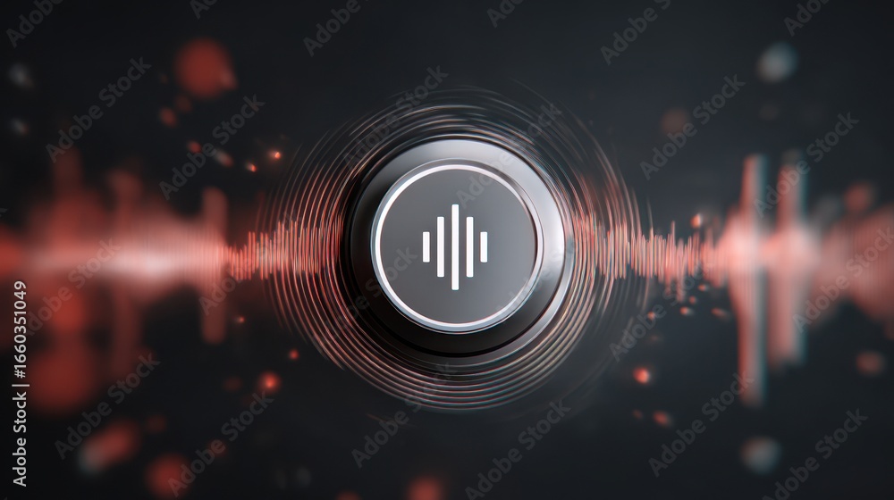 Poster glowing volume control button with soundwave patterns radiating outward on dark background, creating