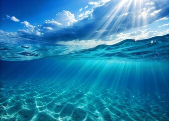The stunning contrast of a rippling blue sea surface and sunbeams illuminating the sandy seabed.