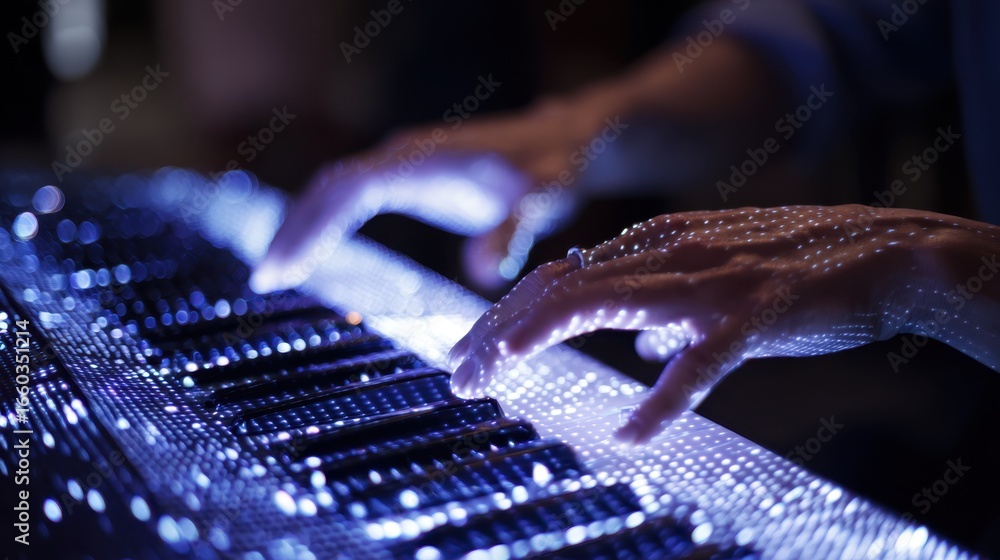 Poster sharp medium shot of a virtual concert keyboardists hands playing intricate holographic sound waves 