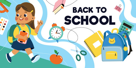 Back to School Sale Banner - Colorful Vector Design with School Supplies and Backpacks. Perfect for Social Media, Websites and Promotional Materials. September Academic Campaign