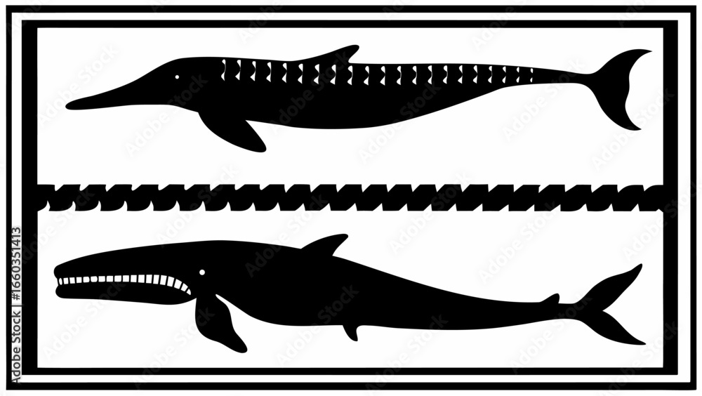 Poster black and white drawing of two sea creatures separated by a zig zag line inside a double border | ed