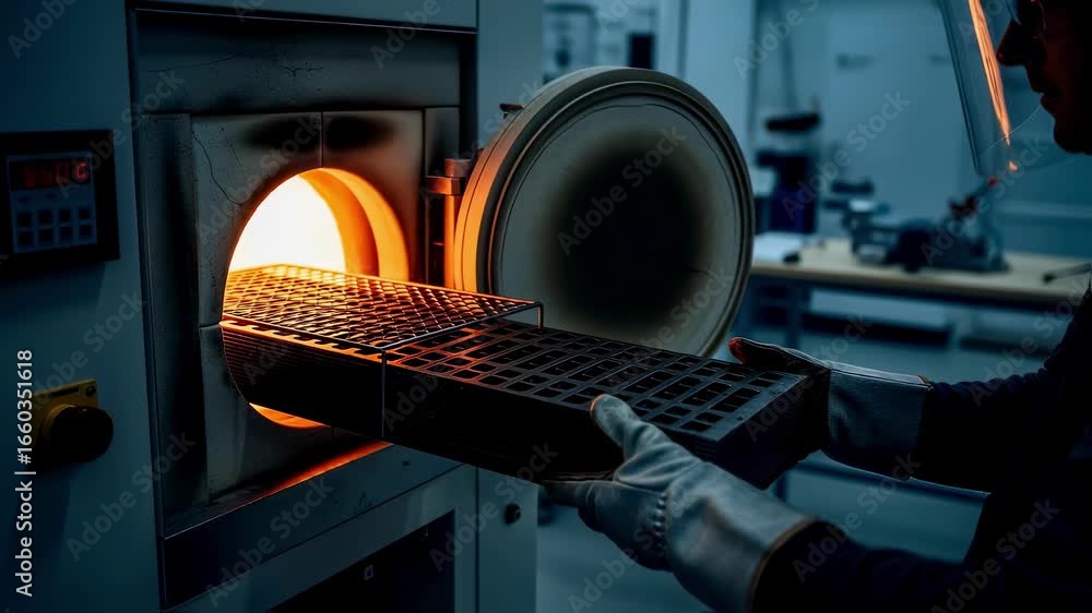 Poster technician loading metal interconnect plates into a hightemperature coating furnace designed for enh