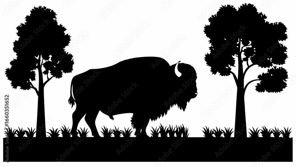 Poster silhouette of a buffalo standing in a field with two trees on either side under a white background |