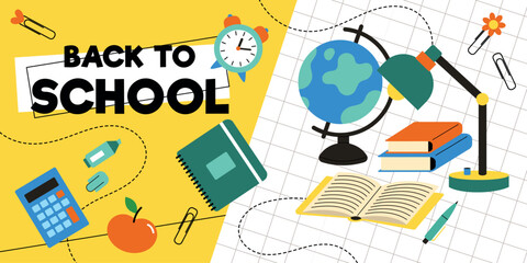 Back to School Sale Banner - Colorful Vector Design with School Supplies and Backpacks. Perfect for Social Media, Websites and Promotional Materials. September Academic Campaign