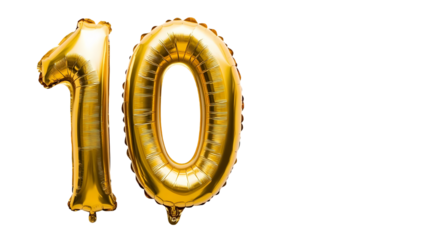 The golden foil 10 balloon in the shape isolated on transparent background