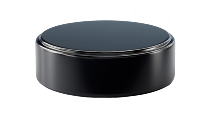Shiny, black hockey puck. Smooth surface, metallic trim, isolated on black
