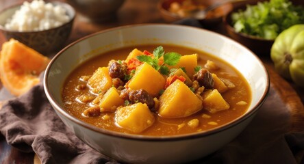 Hearty stew in bowl, garnished with herbs, food photography, natural light