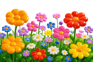Cartoon flowers in bright colors field isolated illustration on transparent background