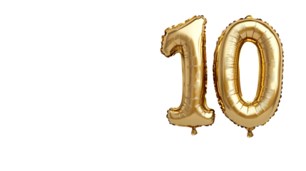 The golden foil 10 balloon in the shape isolated on transparent background