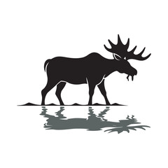 Moose Standing In Lake Reflection Silhouette Vector Design
