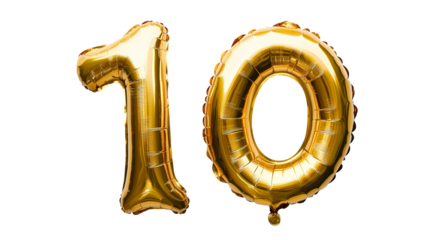 The golden foil 10 balloon in the shape isolated on transparent background