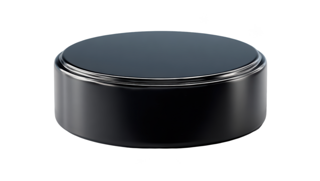 Shiny, black hockey puck. Smooth surface, metallic trim, isolated on black