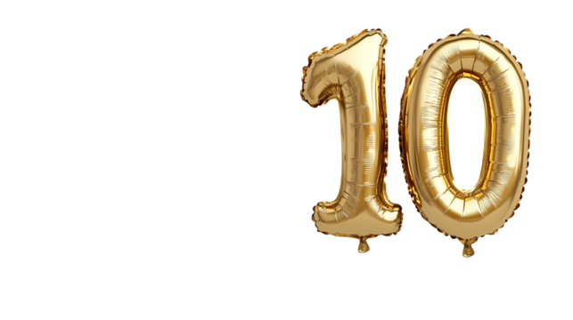 The golden foil 10 balloon in the shape isolated on transparent background