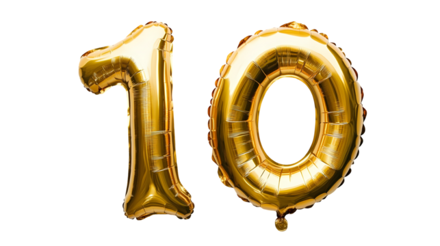 The golden foil 10 balloon in the shape isolated on transparent background