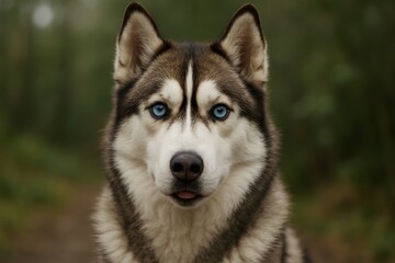 Obraz premium Close-Up of Siberian Husky with Blue Eyes in Forest Background