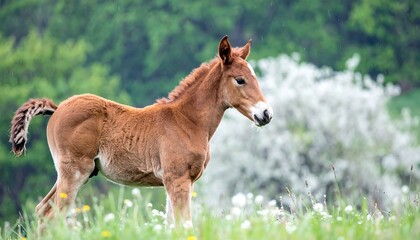 A young foal stands in a springtime meadow, its rich brown coat contrasting with the vibrant green grass and soft white blossoms.