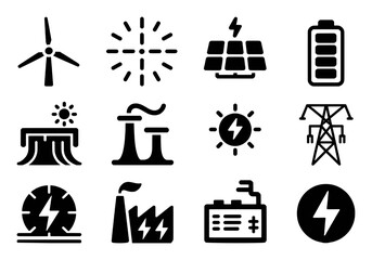 Collection of Icons Representing Renewable Energy Sources and Power Generation