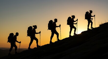 Group of hikers walking up a hill at sunset in silhouette