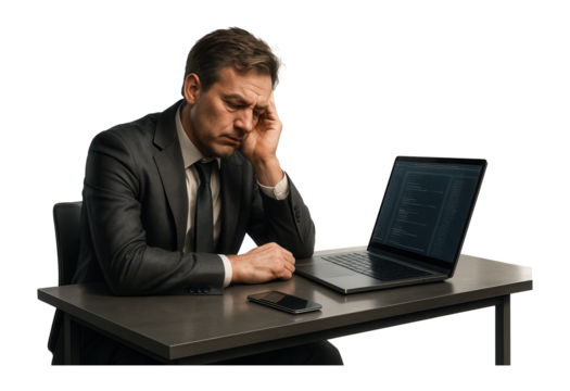 Tired businessman sitting at a desk with a laptop and phone.