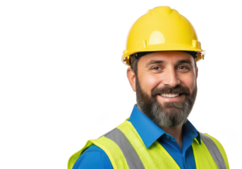 Construction worker wearing yellow hard hat and safety vest isolated on transparent background