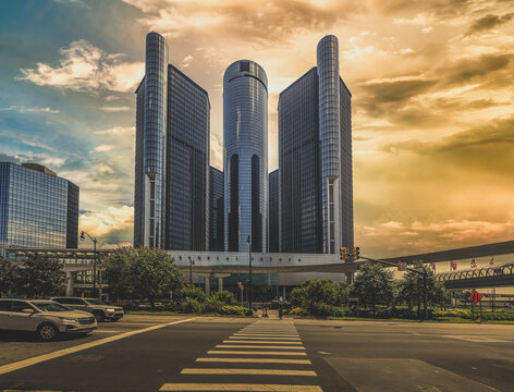  Detroit, Michigan -USA- August 09, 2025- General Motors Renaissance Center Headquarters of Detroit with dramatic skies illustrating the current status of the building restoration