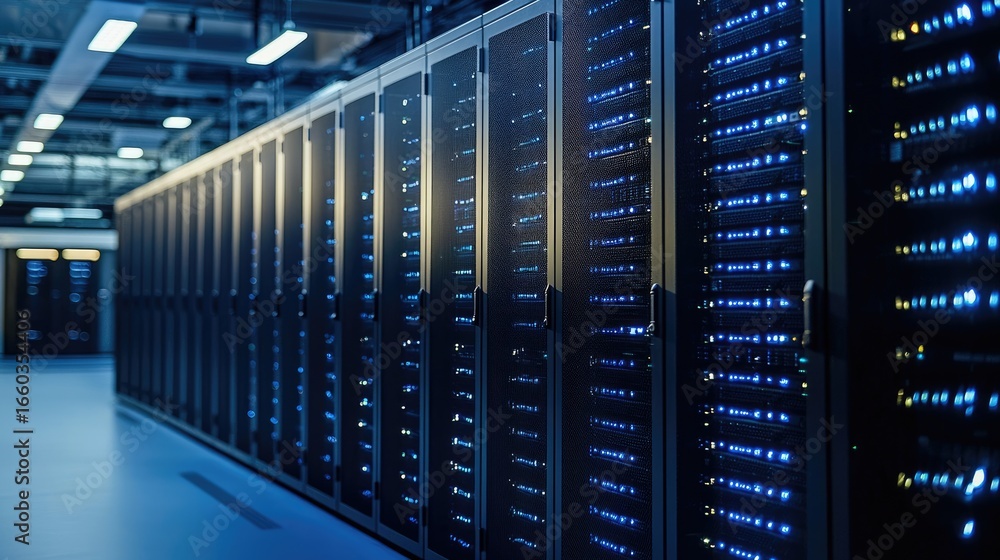 Poster modern data center with rows of illuminated server cabinets and advanced it equipment, perfect for c
